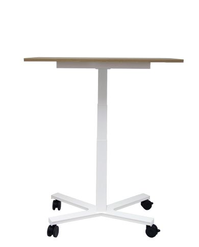 Mesa Griego regulable color roble, estructura blanca y