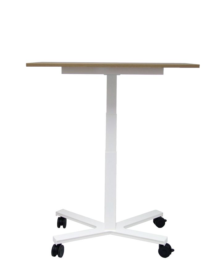 Mesa Griego regulable color roble, estructura blanca y ruedas.