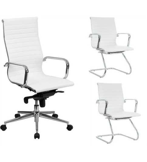 Pack Sillas Oficina LONDRES compuesto por 1 sillón alto + 2 sillones fijos, blanco