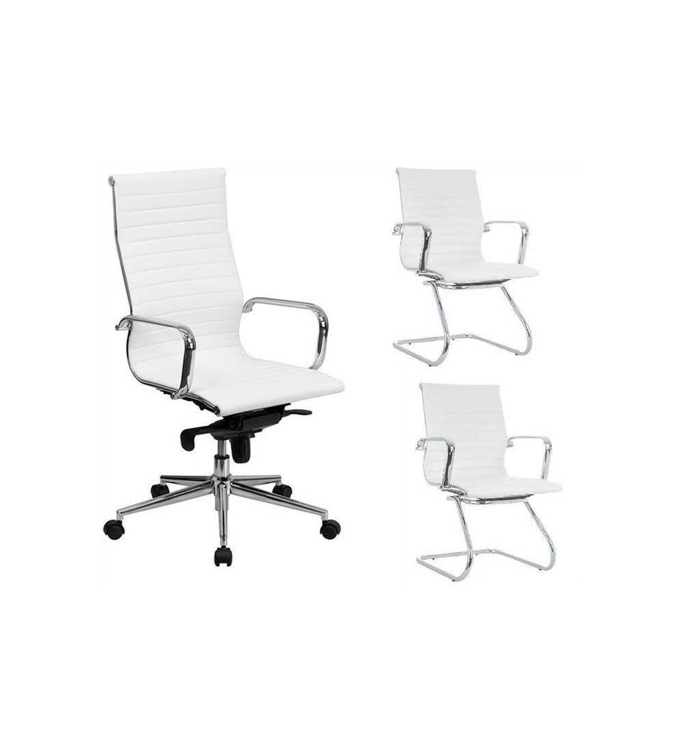Pack Sillas Oficina LONDRES compuesto por 1 sillón alto + 2 sillones fijos, blanco
