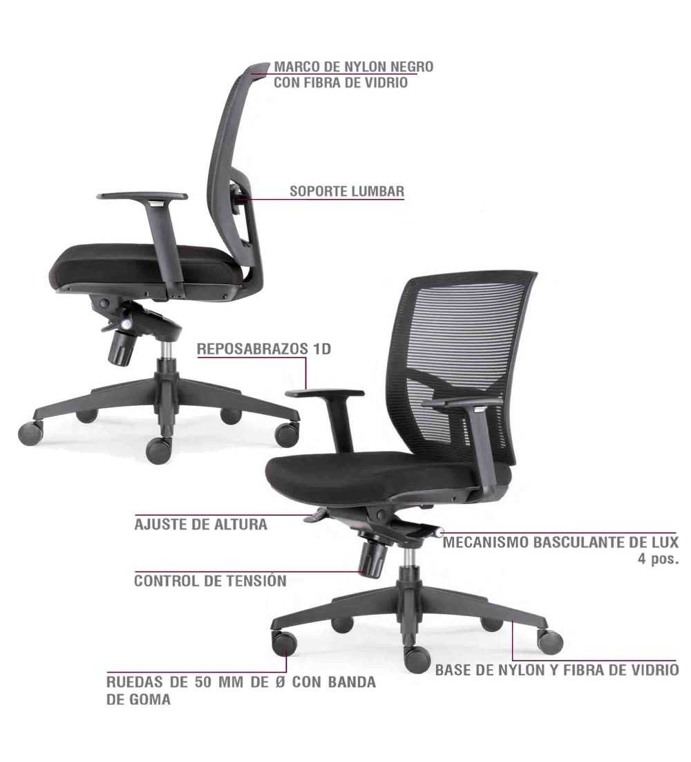 Silla de Oficina CHICAGO de Euromof en acabado negro, uso recomendado 8 horas-1 Silla de Oficina CHICAGO de Euromof en acabado negro, uso recomendado 8 horas-1