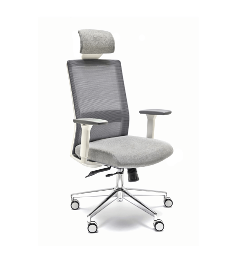 Silla ergonómica NIZA con cabezal de Euromof en acabado blanco, uso recomendado 8 horas