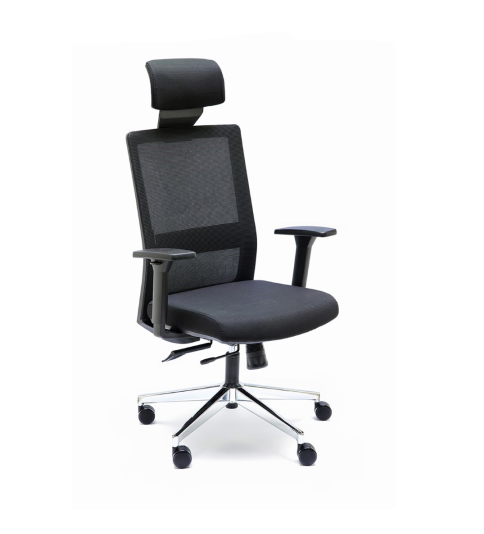 Silla ergonómica NIZA con cabezal de Euromof en acabado negro, uso recomendado 8 horas
