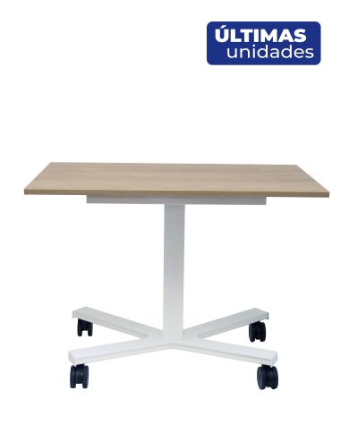 Mesa Griego regulable color roble, estructura blanca y