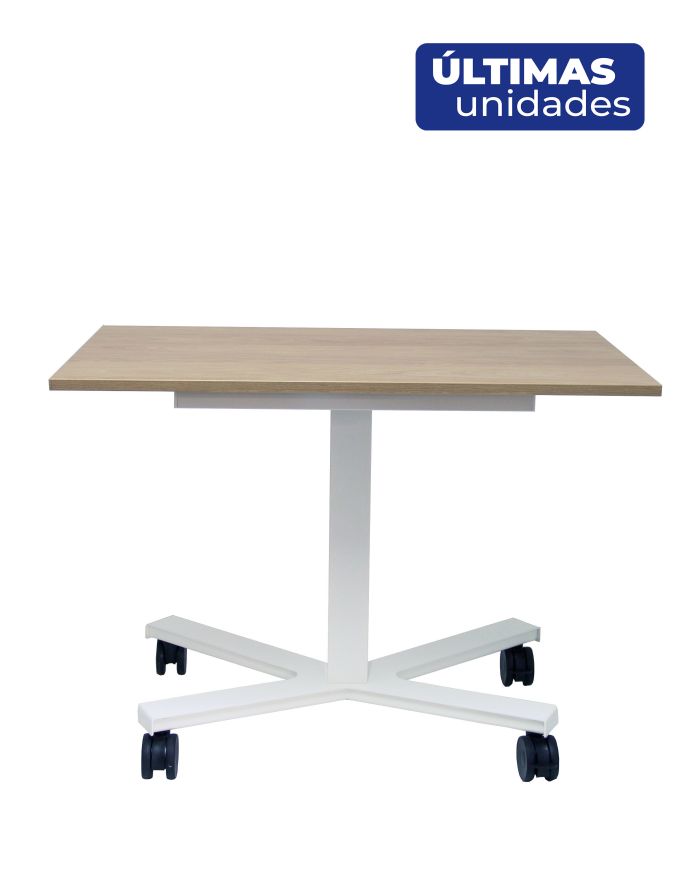Mesa Griego regulable color roble, estructura blanca y ruedas.