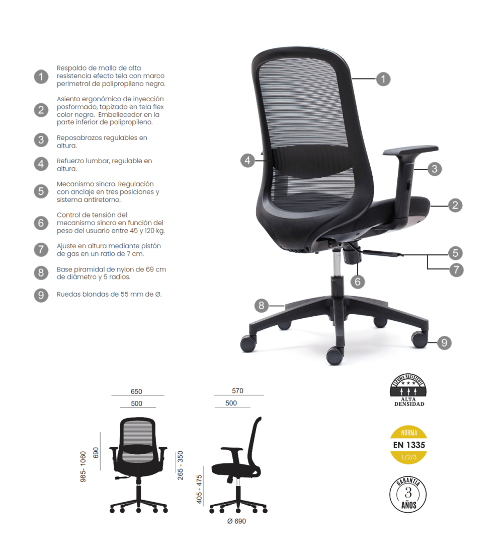 Silla ergonómica LIMA de Euromof, en acabado negro-0 Silla ergonómica LIMA de Euromof, en acabado negro-0