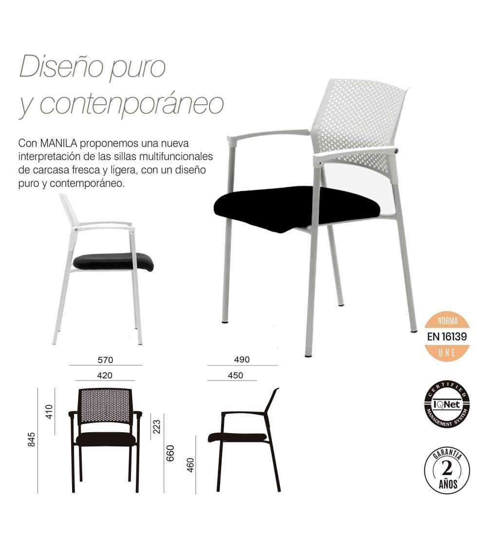 Lote 4 Sillas Confidente MANILA de Euromof, Apilables, Estructura Metálica, En Blanco y Negro-4 Lote 4 Sillas Confidente MANILA de Euromof, Apilables, Estructura Metálica, En Blanco y Negro-4