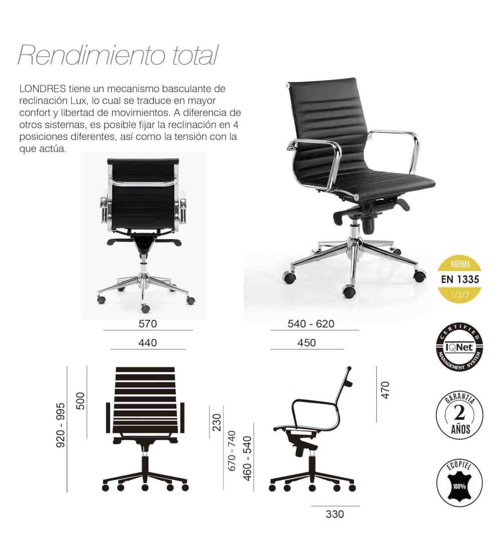 Silla de oficina LONDRES bajo de Euromof, en acabado ecopiel negro-0 Silla de oficina LONDRES bajo de Euromof, en acabado ecopiel negro-0