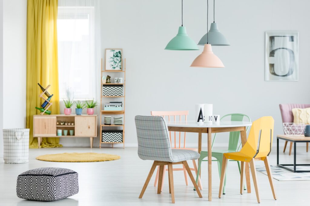 Dining room with colorful chairs